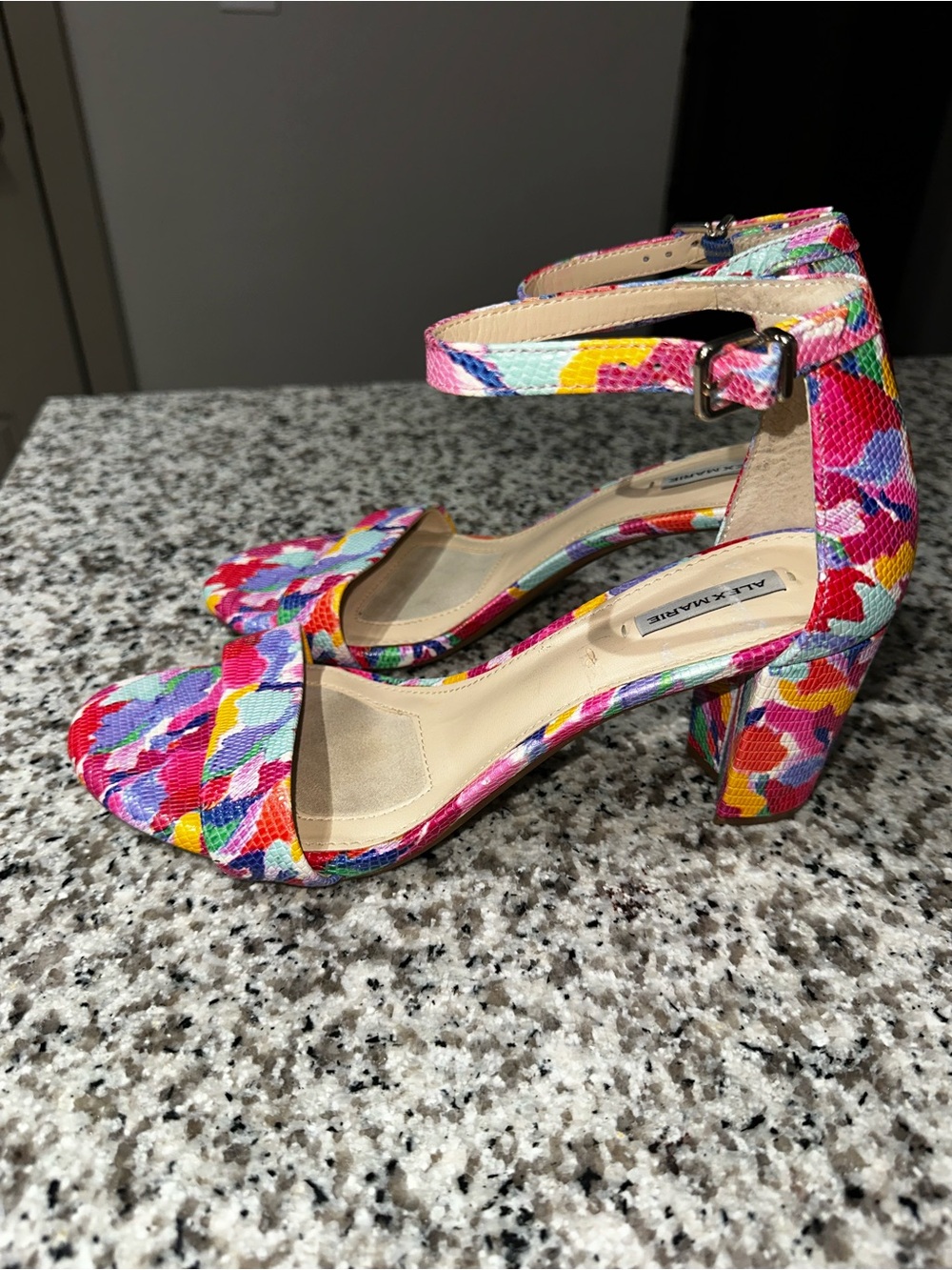 Alex Marie Multicolor Floral Block Heels with Pink, Yellow and Blue Accents